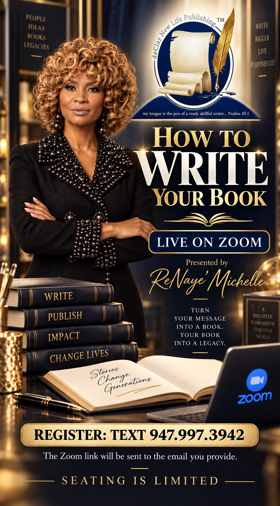 How to Write Your Book — live on Zoom workshop presented by ReNaye' Michelle. Register by texting 947.997.3942. Seating is limited.