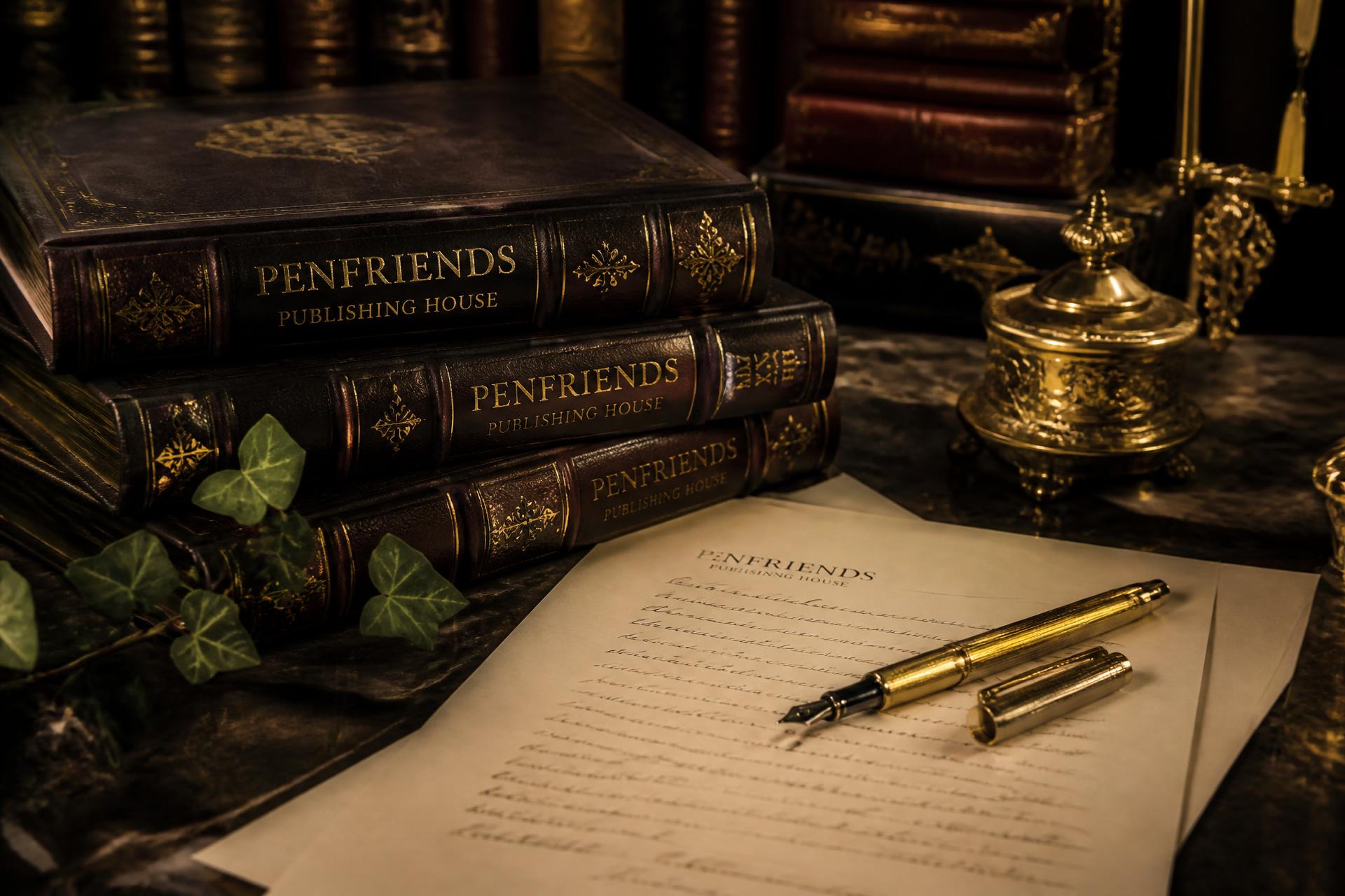 Luxury publishing still life with leather books and gold fountain pen